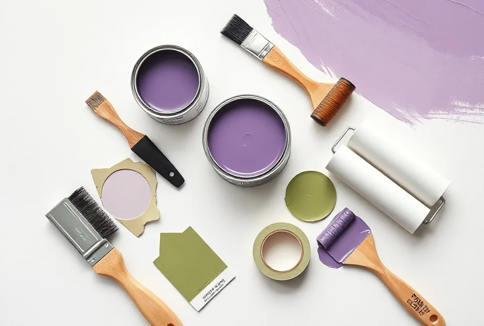 Pots de peinture, nuancier, brosses et rouleaux disposés à plat