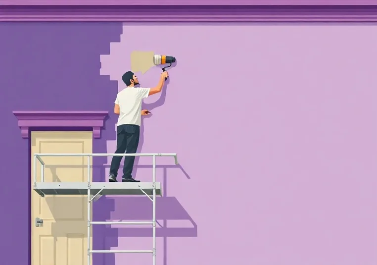 Peintre sur échafaudage traitant la façade d'une maison