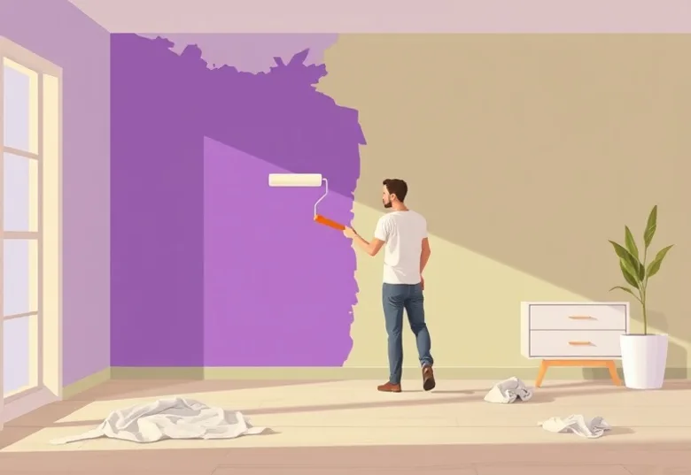 Peintre appliquant la peinture au rouleau sur un mur de salon